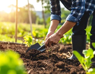 Man cultivating soil with shovel in organic garden under warm sunlight atmosphere
