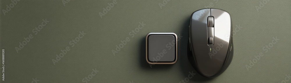 Poster a sleek wireless computer mouse and a small square device sit side by side on a textured surface, hi