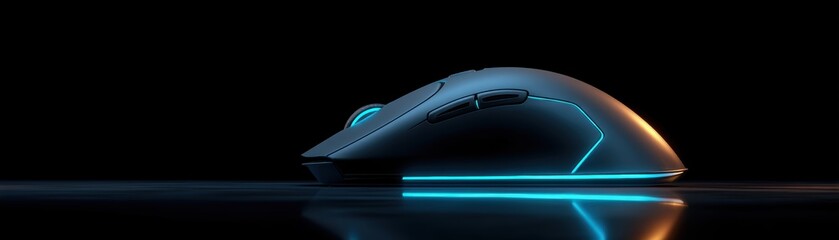 A sleek, modern gaming mouse with blue LED accents glowing on a reflective surface against a dark background, clean mouse