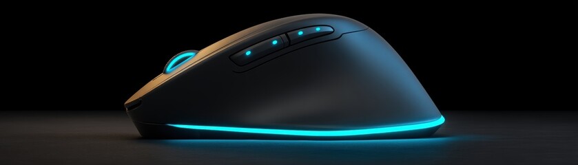 A sleek, black gaming mouse with blue LED accents glowing along its base and buttons, resting on a dark surface, clean mouse
