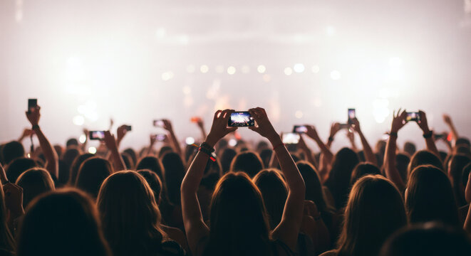 Crowd at a concert taking photos with cell phones.