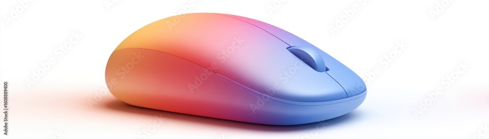 Poster a sleek, modern wireless computer mouse with a gradient color fade from red to blue on a white backg