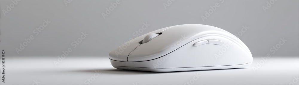 Poster sleek white wireless computer mouse with ergonomic design placed on a clean white surface against a 