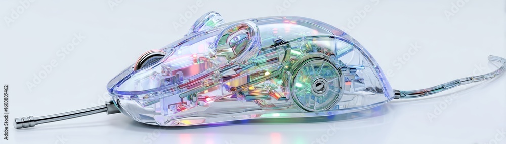 Aufkleber transparent computer mouse showcasing internal electronic components with colorful led lights, empha