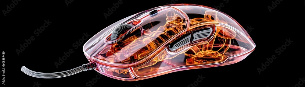 Poster transparent computer mouse showing intricate internal wires, circuits, and components on a black bac