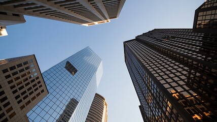 A lowangle shot captures the towering skyscrapers reaching towards the clear blue sky in the bustling city