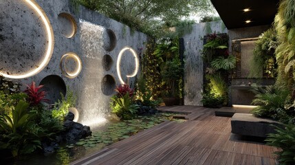 Lush outdoor bathroom sanctuary with waterfall, greenery, and wooden deck walkway