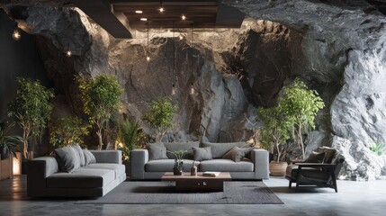 Cozy interior featuring a modern living room with a rock wall backdrop and ambient lighting