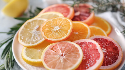 Assortment of freshly sliced citrus fruits on a white plate