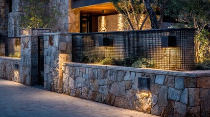 Exterior shot of a modern building's stone wall with integrated lighting and metal fencing