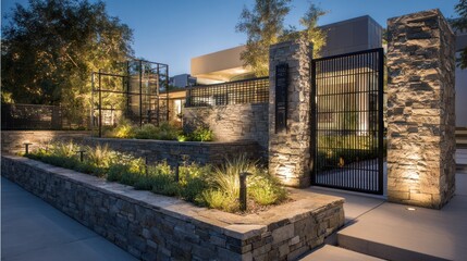 Exterior dusk shot of a modern building entrance, featuring stone walls, lighting, and landscaping