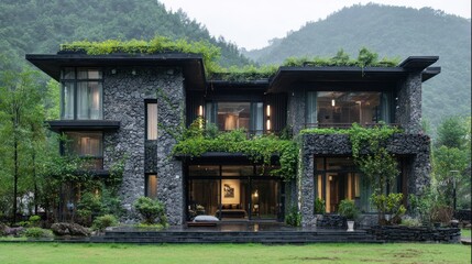 Two-story stone house with a lush green roof set against a scenic mountain backdrop