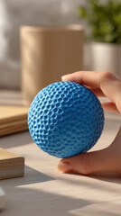 Mental health boost moves with hand holding textured blue stress ball, tactile focus and grip-based stress relief routine for emotional clarity, grounding, and mindful self-care
