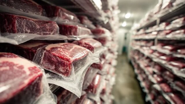 Freshly Packaged: An overhead shot captures rows of expertly packaged raw meat in a commercial refrigerator, the epitome of food storage, ready to be prepared into a culinary masterpiec