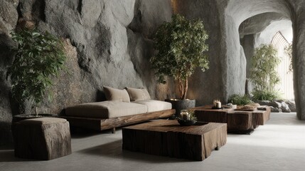 Interior cavern lounge with plants, wooden furniture, and neutral tones