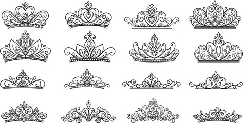 Royal crown collection, princess tiara set, ornate crowns, decorative diadems, vintage royal headpieces, elegant crown designs, baroque tiara illustrations, regal ornamental crowns