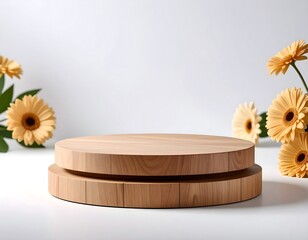 Minimalist Product Display with Wooden Platform and Vibrant Gerbera Flowers Setting Stage