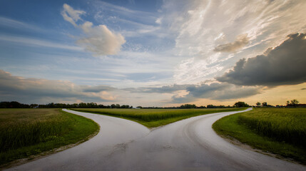 A dramatic split in the road under a moody sky, symbolizing life's pivotal choices.