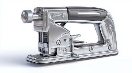 Fototapeta premium Close-up of a Chrome Heavy-Duty Staple Gun on White Background for Industrial Use