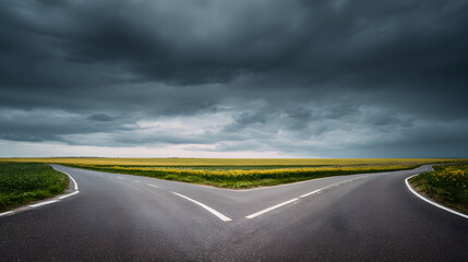 A dramatic split in the road under a moody sky, symbolizing life's pivotal choices.