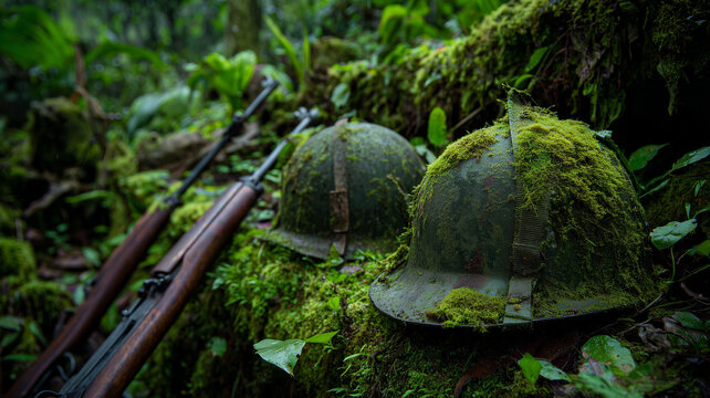 Old battlefield overgrown with nature, abandoned rifles and helmets covered in moss