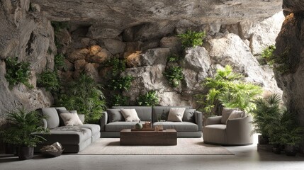 Cave-like living room with plants and furniture