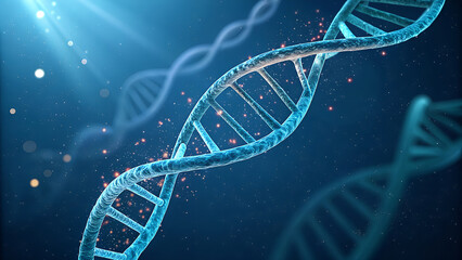 Luminous blue dna helix structure illuminated by brilliant light rays in a dark cosmic background