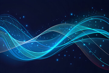 Abstract digital waveform of glowing blue and teal particles flowing across a dark background