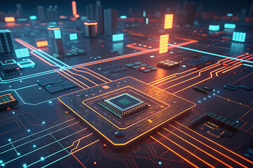 Futuristic glowing circuit board with a central processor and illuminated data pathways in a digital city