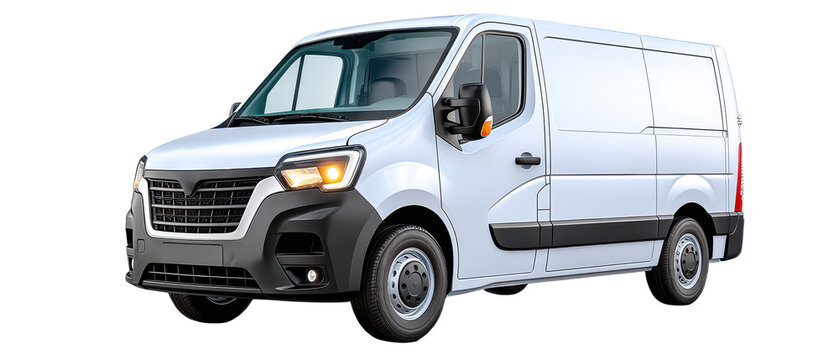 A white commercial cargo van with modern headlights and side mirrors, designed for transportation and delivery purposes.