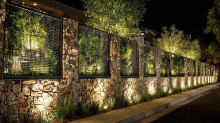 Illuminated stone and metal fence at night with climbing greenery, along a residential street