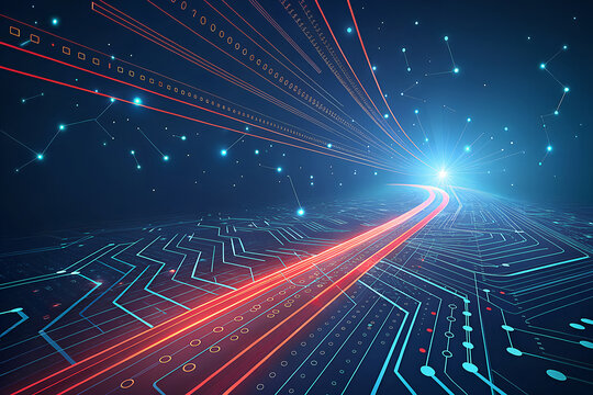 Abstract digital network flow of red light trails through a futuristic circuit board landscape - Powered by Adobe