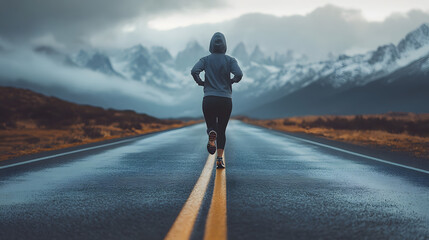 Illustration of a woman running on a road with a mountain backdrop. Illustration for a web banner background for a fitness social media profile page.