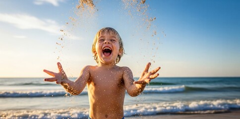 Toddler boy playing with sand on beach during summer holiday, having fun. 