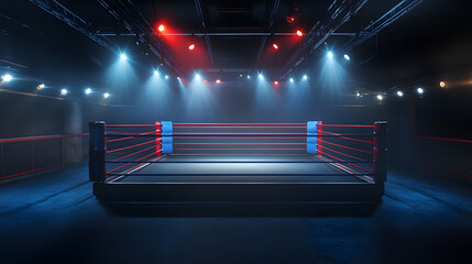 Illustration of an empty boxing ring in the center, surrounded by red and blue ropes with spotlights. Illustration for a boxing match banner background.