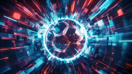 Fototapeta premium futuristic soccer ball in neon light tunnel