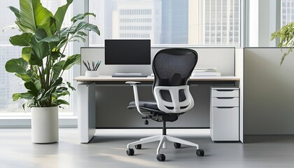 Modern minimalist office workspace with ergonomic chair and large plant