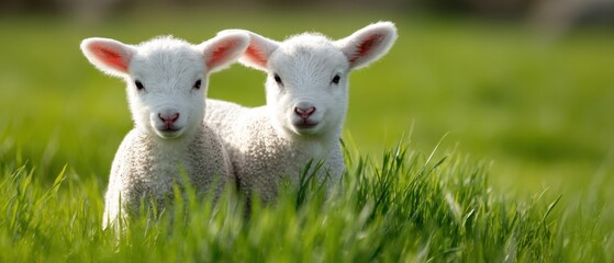 Fototapeta premium The adorable lambs enjoying a sunny day in a lush green pasture.