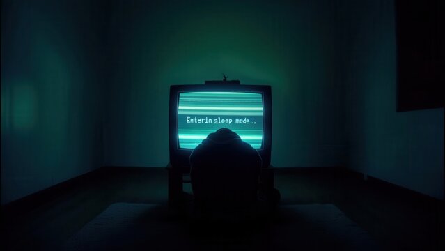 A person sits silhouetted in a dark, dimly lit room, facing an old television set displaying static or glitches. Concept of isolation and media influence