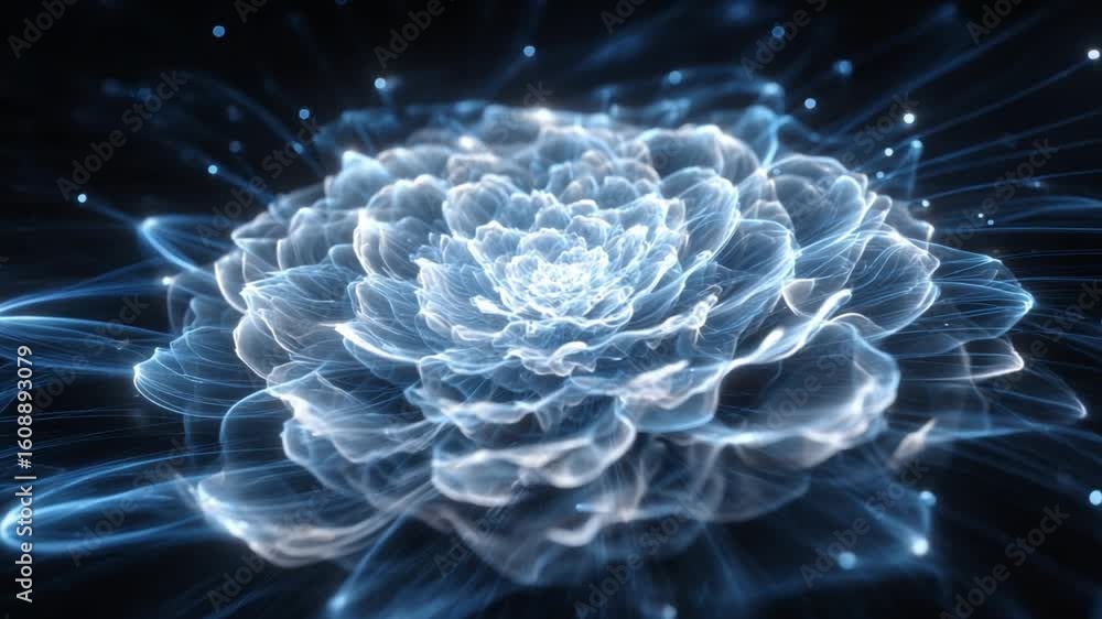 Poster ethereal flower with glittering light effects in a dark background for elegant design concepts