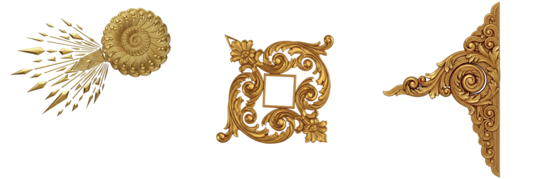Dynamic Trio of Isolated Golden Decorative Elements, Including a Sunburst Spiral, an Ornate Square Frame, and a Detailed Corner Ornament, Perfect for Diverse Design Needs