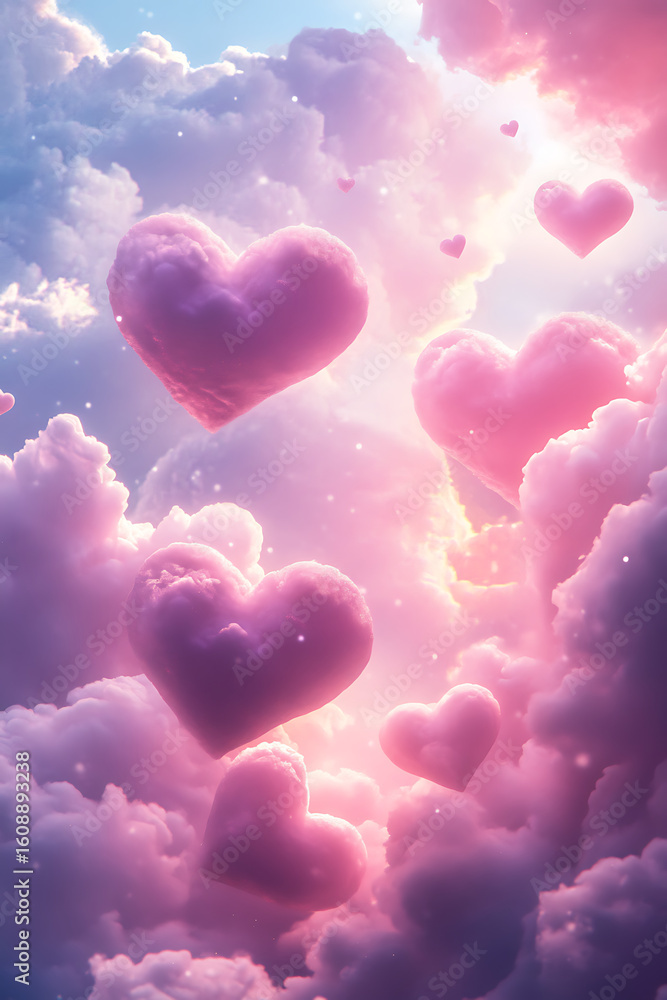 Poster dreamy pink clouds with floating heart shapes illuminated by soft light in a whimsical sky
