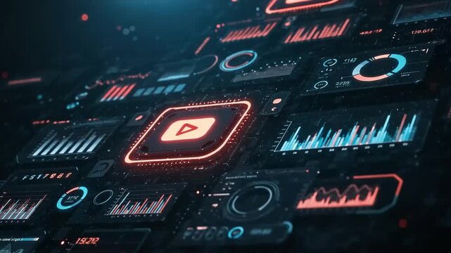 Futuristic digital interface with data visualizations and logos