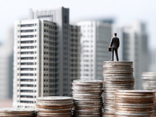 Businessman standing on coin stack with salary gap
