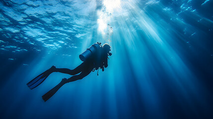 Illustration of a scuba diver swimming in the deep blue ocean with diving gear and an oxygen tank. Illustration for banner and poster background.