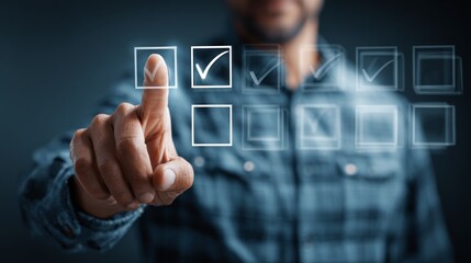 Businessman checking green checkboxes on transparent virtual interface screen. concept of completion and success. Technology Readiness Checklist