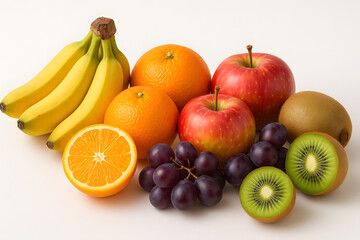 Fresh fruit still life featuring apples bananas oranges kiwi and grapes on transparent background