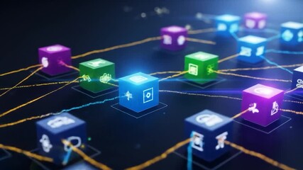 Animated Cubes Connected by Lines Representing Digital Network and Data Flow - Powered by Adobe