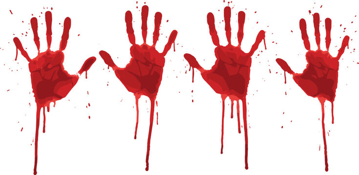 Bloody handprints vector set, dripping red hands for horror themes, crime scenes, Halloween decorations, murder mystery, scary party design