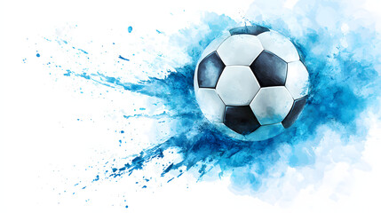 Illustration of a soccer ball with blue watercolor splashes on a white background. Illustration for sports banners and posters.